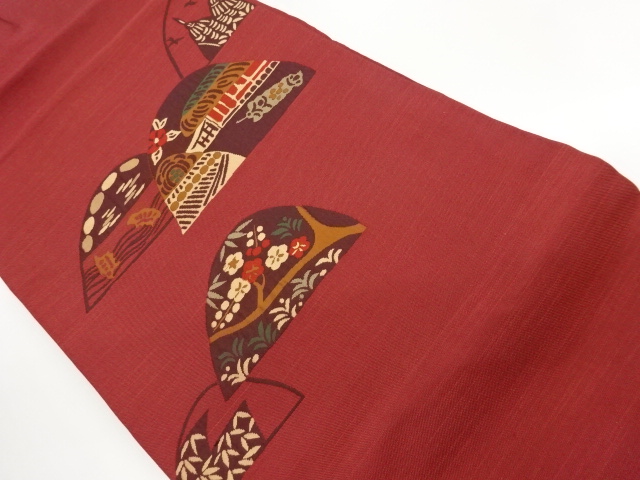 手織り紬古民家に梅・草花・抽象模様織出し名古屋帯